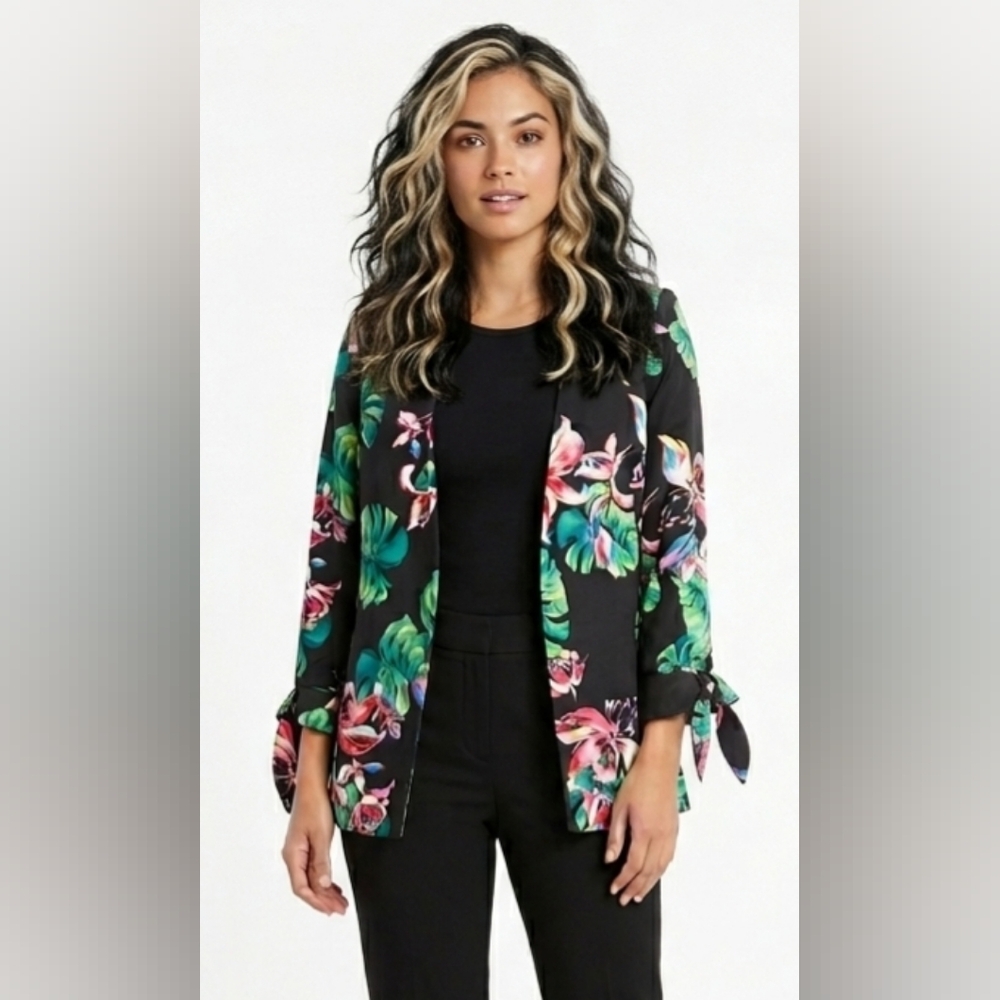 NWT Tahari ASL Palm-Print Tie-Sleeve Jacket Size 8